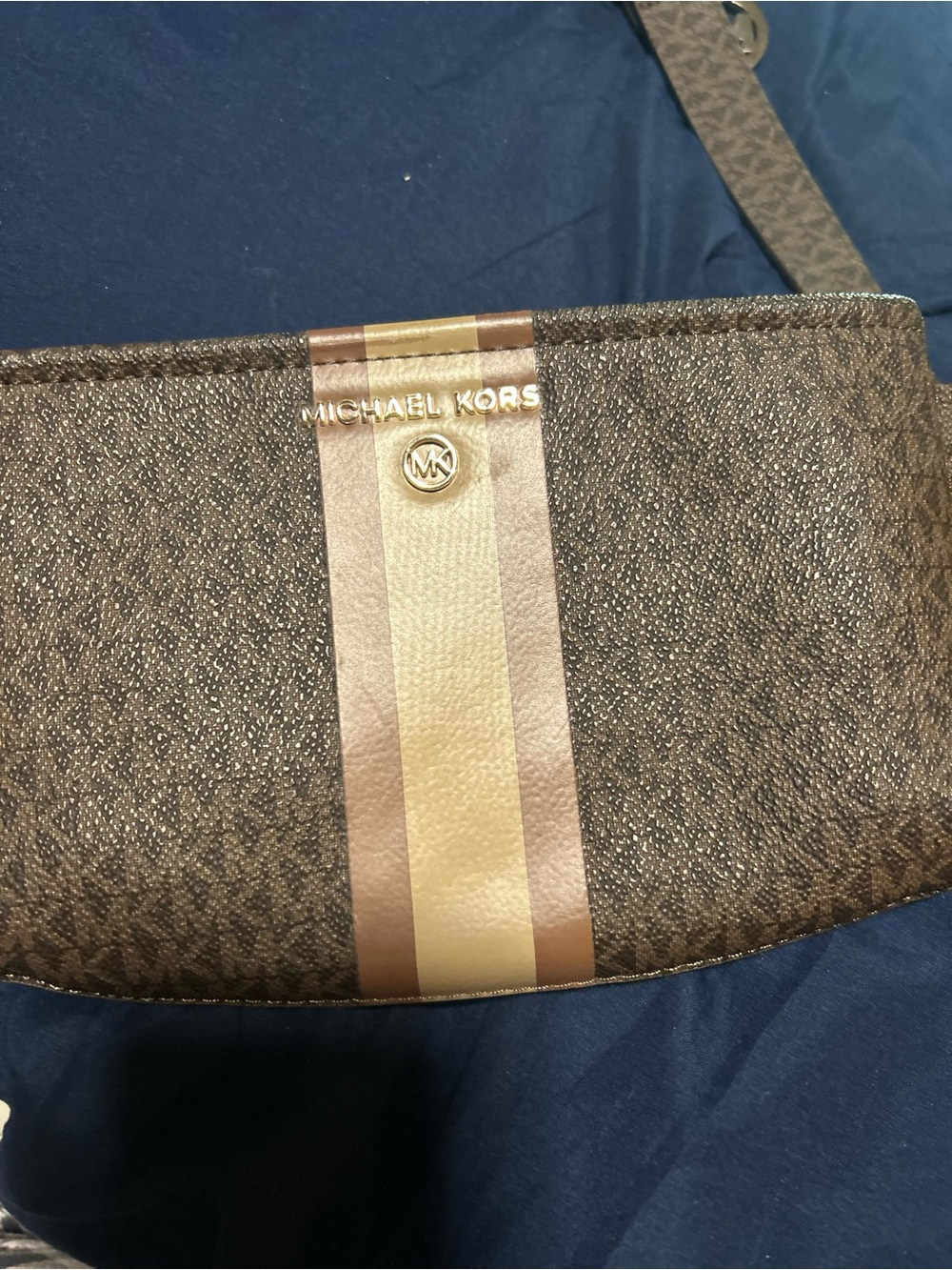 Michael Kors Brown Logo Crossbody with Tan and Cream Stripe